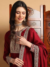 Women Maroon Silk Blend Solid Embroidered Straight Kurta Palazzo With Dupatta